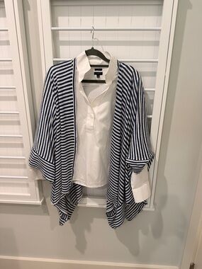 Talbots Coastal Blue & White Striped Ruana Shawl Wrap O/S 100% Linen